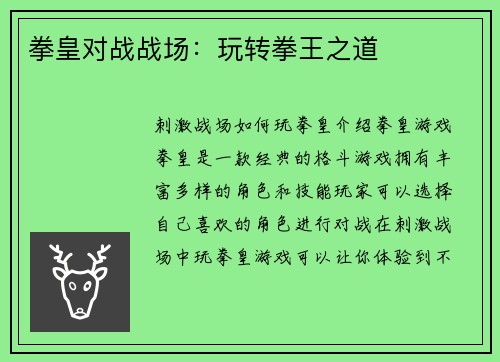 拳皇对战战场：玩转拳王之道