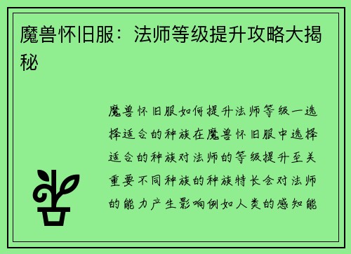 魔兽怀旧服：法师等级提升攻略大揭秘
