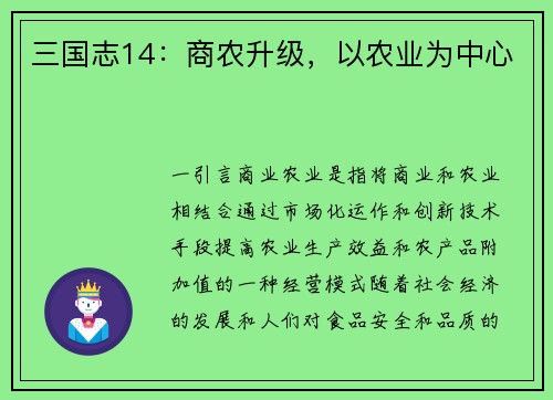 三国志14：商农升级，以农业为中心